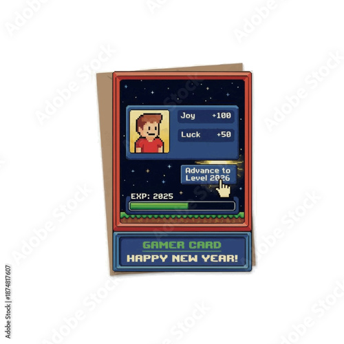 Retro 8-bit pixel art RPG interface showing character stats leveling up from 2025 to 2026.