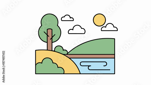 Serene landscape with a solitary tree, calm water, and a light blue sky with scattered clouds