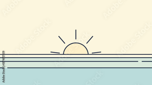 Sunrise or sunset over calm water with a golden semicircle sun and soft gradient sky