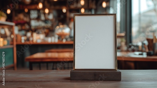 Wallpaper Mural Blank menu frame mock-up stands on wooden table in bar restaurant. White paper acrylic card for booklets for customer text insertion Torontodigital.ca