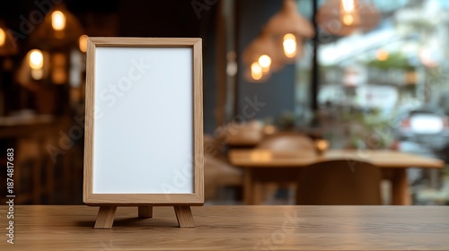 Wallpaper Mural Blank menu frame mock-up stands on wooden table in bar restaurant. White paper acrylic card for booklets for customer text insertion Torontodigital.ca