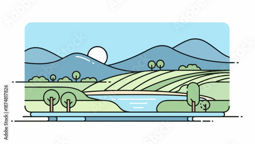 Tranquil river winding through dense greenery with rolling hills and distant mountains under a clear blue sky