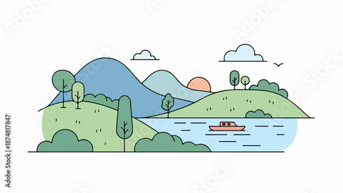 Serene landscape illustration with a tranquil body of water, a small boat, and majestic mountains in the background