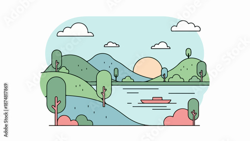 Serene river with a small boat floating in a lush landscape at sunset