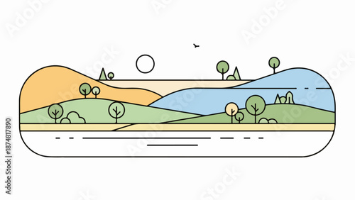 Panoramic countryside landscape in rounded frame with hills trees and river
