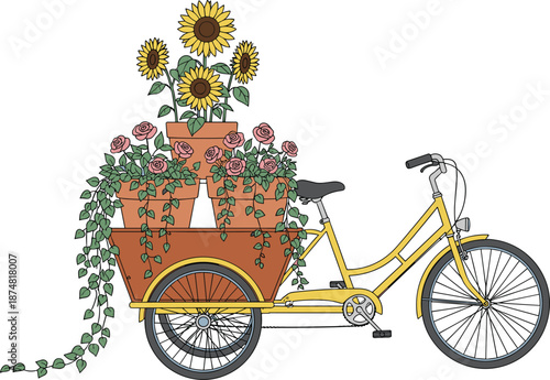 Vector illustration of a yellow vintage tricycle cargo bike carrying terracotta pots filled with blooming sunflowers and pink roses isolated on white background.