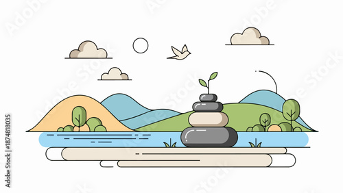 Tranquil landscape illustration with calm water, stacked stones, and green plant