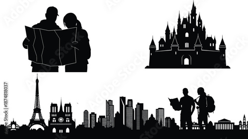 Black and white silhouettes of tourists with maps, a fairytale castle, and the Paris skyline, travel and vacation icons collection isolated on white background.