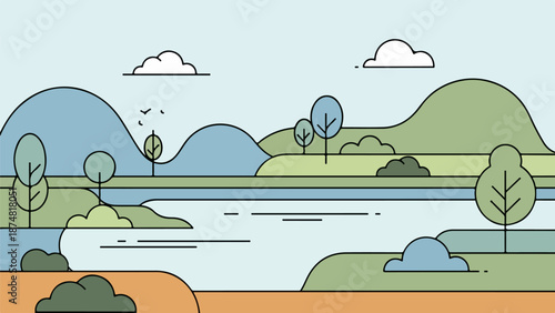 Tranquil river winding through lush greenery with rolling hills in the background