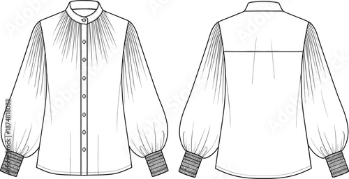Technical fashion sketch of a blank women's long sleeve blouse featuring pleated balloon sleeves and tall cuffs, front and back views isolated on white.