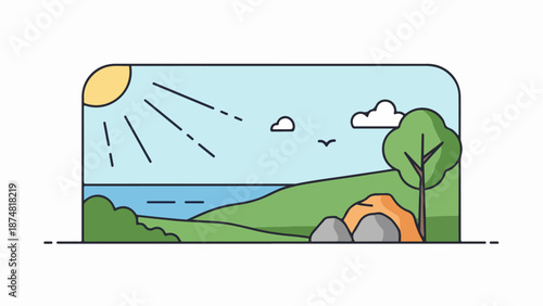 Serene landscape with clear blue sky, rolling green hill, and solitary bird in flight