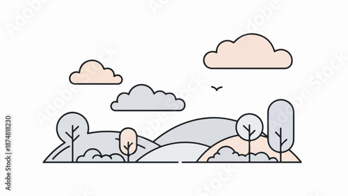 Minimalist landscape illustration of rolling hills and scattered trees in line-art style