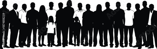 Vector Silhouette of a Large Diverse Crowd of Men Women and Children Standing Together in a Row Isolated on White Background for Community Representation