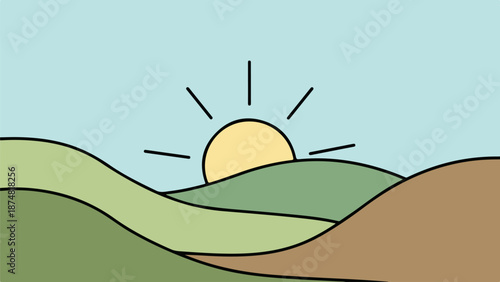 Minimalist landscape illustration of rolling hills with a light blue sky and a sun