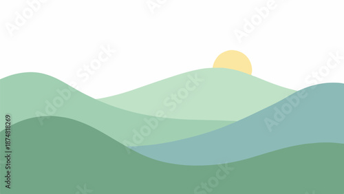 Abstract landscape of rolling hills and mountains with a warm yellow sun