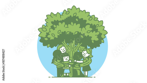Cartoon People Hugging Tree Trunk Together.