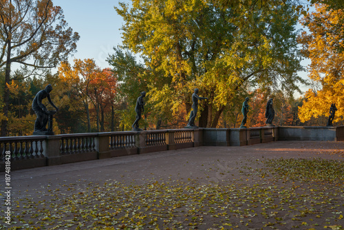 Granite terrace with statues in the Catherine Park of Tsarskoye Selo on a sunny autumn day, Pushkin, St. Petersburg, Russia