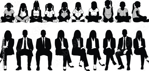 Vector Silhouette Collection of Children Sitting on Floor and Business Professionals in Suits Representing Growth Education Career Development and Life Stages From Student to Corporate