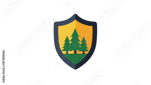 Shield Emblem with Trees and Protection Symbol.