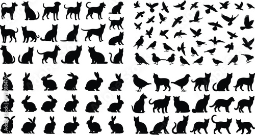Large Collection of Pet Animal Silhouettes Featuring Dogs, Cats, Rabbits, and Flying Birds Isolated on White Background for Veterinary, Nature, Wildlife, and Domestic Animal Branding.