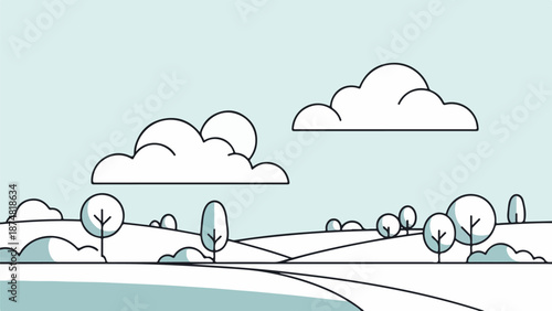 Serene pastoral landscape with rolling hills and fluffy white clouds under a clear blue sky