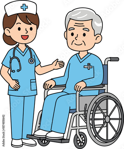 Nurse assisting elderly patient in wheelchair illustration, cad drawing flat vector illustration for healthcare services, medical support, caregiving concepts