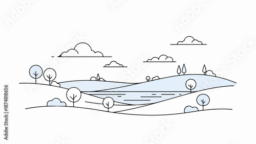Minimalist line drawing of a serene landscape with a winding river, rolling hills, and fluffy clouds