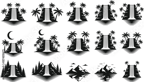 Nature waterfall landscape silhouette icon set vector illustration with palms, mountains and moon, minimalist black scenic collection design isolated on white background