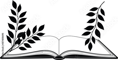 Open book vector illustration with elegant leafy branches, minimalist black and white design for education, storytelling, literature, and nature-inspired creative concepts,