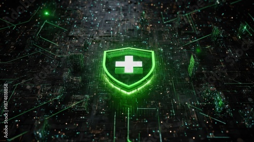 Glowing Green Medical Shield: Digital Health & Cybersecurity Concept, Healthcare technology