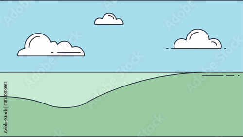 Illustration of a light blue sky with three white clouds and rolling green hills