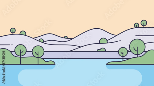 Stylized landscape illustration with serene water, rolling hills, and distant mountains