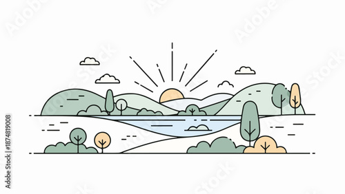 Serene river meandering through lush green landscape with rolling hills and distant mountains