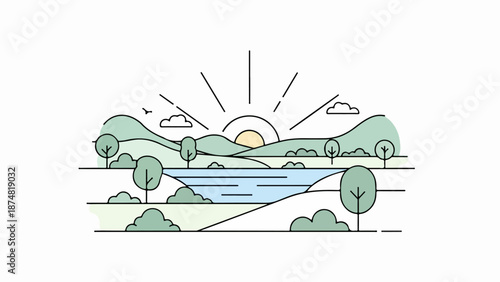 Stylized illustration of a tranquil natural scene with a reflective body of water, trees, rolling hills, and a radiant sun