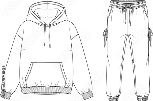 Oversized Hoodie and Jogger Pants Set Flat Fashion Sketch, Technical CAD Drawing Flat Vector Illustration, Unisex Loungewear Activewear Garment Template