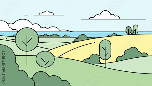 Minimalist landscape illustration with rolling hills, winding path, and distant body of water
