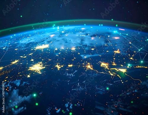 Glowing Earth from Space with Network Connections and City Lights.