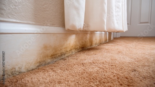 Stained carpet and wall corner showing signs of water damage and mold growth in a home interior setting