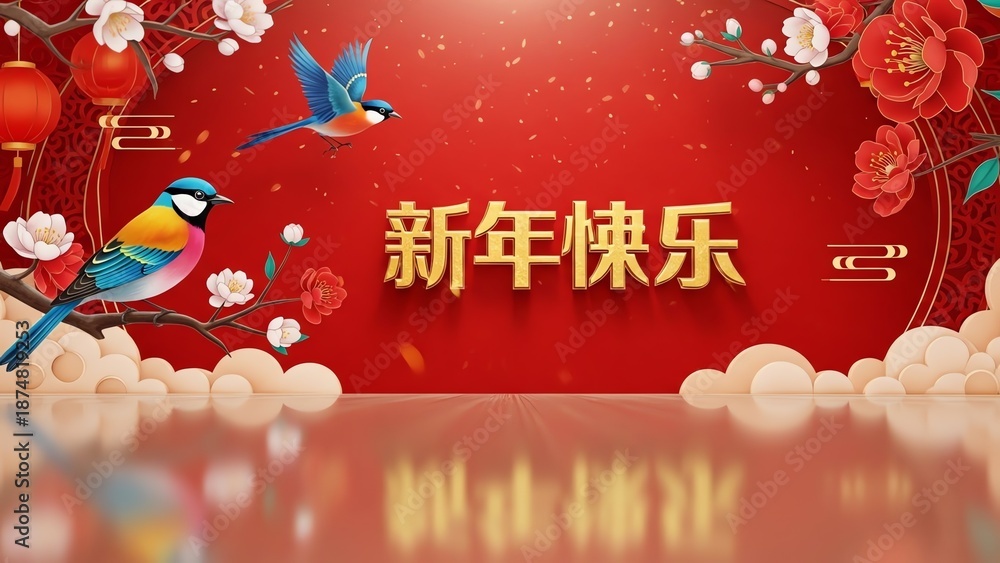 Naklejka premium Chinese New Year celebration with birds and flowers