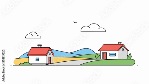 Two quaint houses with red roofs and white walls on either side of a winding yellow road in a picturesque rural countryside
