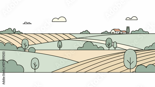 Rural countryside landscape illustration with fields, trees, and a house with a red roof