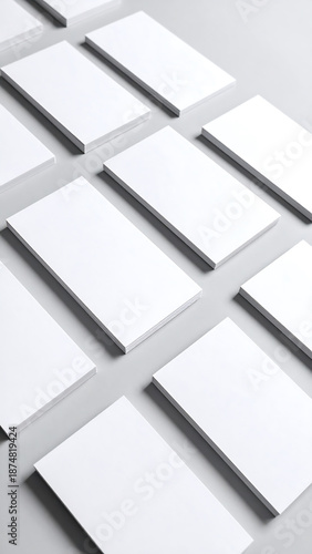 Multiple stacks of blank white business cards or paper sheets arranged neatly on a light grey background, creating a clean and minimalist pattern.