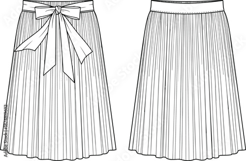 Pleated midi skirt technical fashion illustration, front and back view with bow belt, cad drawing flat vector illustration
