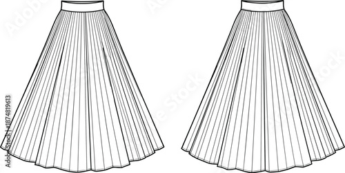 Pleated skirt front and back view fashion design, elegant womenswear garment concept, technical clothing artwork, cad drawing flat vector illustration