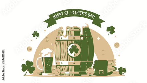 St Patricks Day Beer Illustration with Shamrocks.