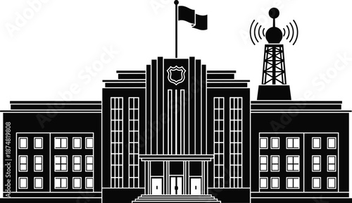 Police station building silhouette vector illustration, law enforcement headquarters with flag and radio tower, public safety authority concept, government infrastructure design
