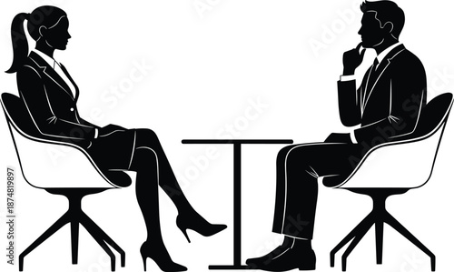 Professional business man and woman silhouettes sitting at a table having a formal meeting or job interview, corporate communication vector illustration,