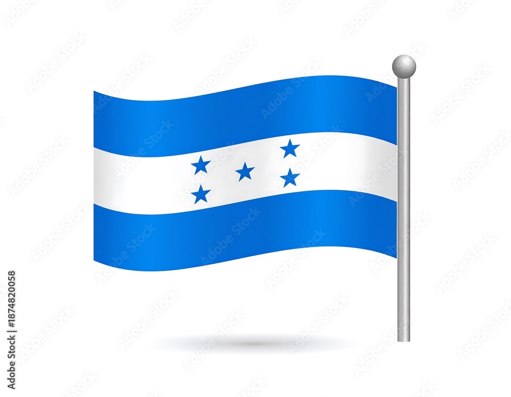 Fototapeta premium A digitally rendered image of a waving flag attached to a metallic pole, depicting a horizontal tricolor design with centered stars