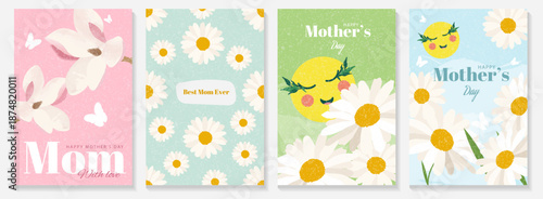 Set of four Mother's Day greeting card templates. Features magnolia, daisies, butterflies, and cute characters in pastel colors. Creative floral designs for holiday banners and social media.