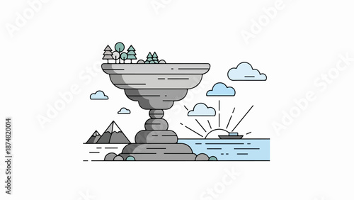 Minimalist surreal landscape with inverted funnel formation, green trees, rocky terrain, and blue water